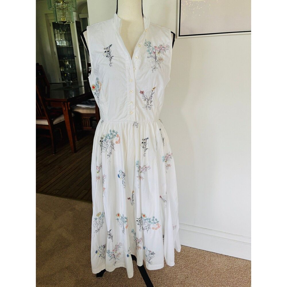 J.Crew Madison White Cotton-Poplin Floral Embroidered Dress Sz 10 Flare Skirt - Picture 2 of 12